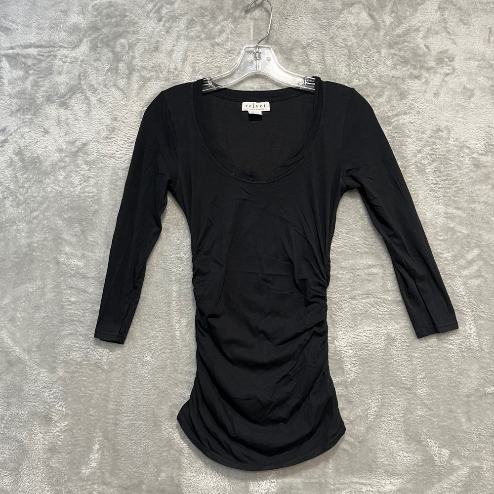 Velvet by Graham & Spencer Top Womens S Black Ruched Scoop Neck 3/4 Sleeve 2395